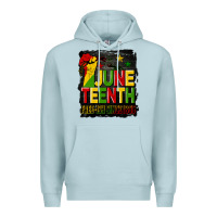 Blue Mist juneteenth fist free ish since 1865 with background Premium Hoodie - HRA Design Shop