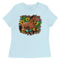 Baby Blue western horse cactus sunflowers serape leopard  turquoise wooden Ladies Tee - Artiststas