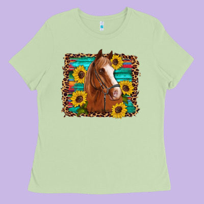 Horse Sunflowers Turquoise Wooden Serape Leopard Ladies Tee Designed By Artiststas