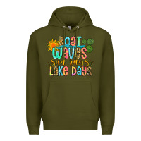 Army Green boat waves sun rays lake days Premium Hoodie - Zillion Design Studio