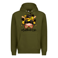 Army Green softball life messy bun Premium Hoodie - Zillion Design Studio