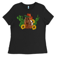 Black western horse cowboy hat cactus sunflowers Ladies Tee - Artiststas