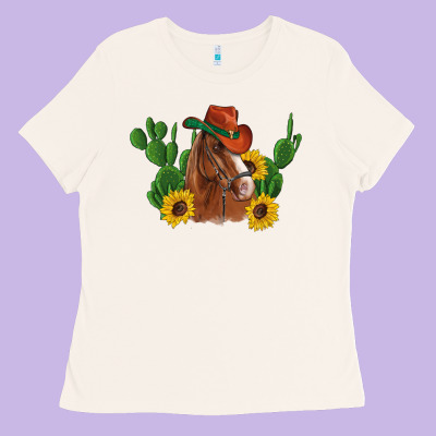 Western Horse Cowboy Hat Cactus Sunflowers Ladies Tee Designed By Artiststas