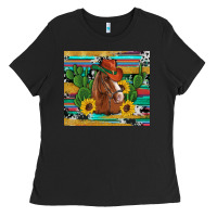 Black western horse cowboy hat cactus sunflowers glitter cowhide serape turq Ladies Tee - Artiststas