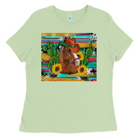 Western Horse Cowboy Hat Cactus Sunflowers Glitter Cowhide Serape Turq Ladies Tee | Teevron