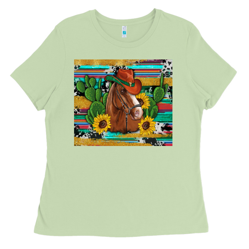 Western Horse Cowboy Hat Cactus Sunflowers Glitter Cowhide Serape Turq Ladies Tee by Artiststas | Teevron