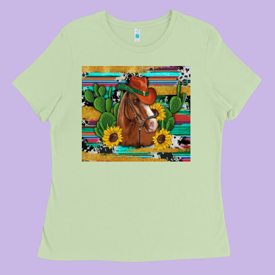 Western Horse Cowboy Hat Cactus Sunflowers Glitter Cowhide Serape Turq Ladies Tee Designed By Artiststas