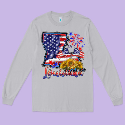 4th Of July  Louisiana Map Long Sleeve Tee Designed By Barkaloodesign