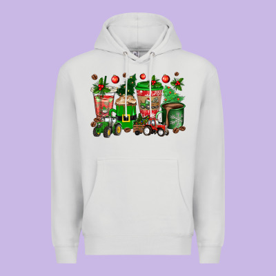 Christmas Tractor Coffee Cups Premium Hoodie Designed By Texasbilliewilder