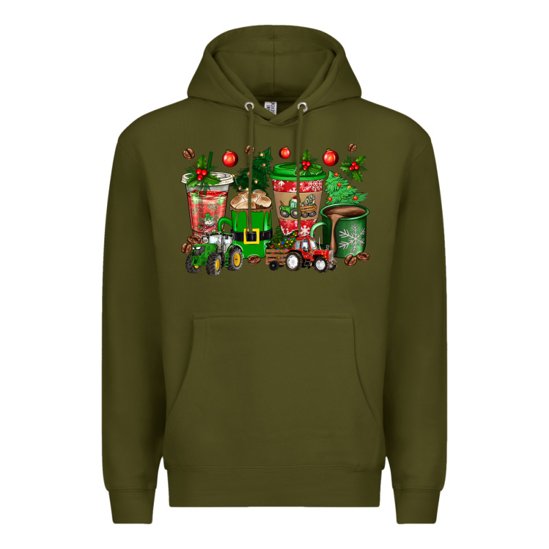 Christmas Tractor Coffee Cups Premium Hoodie by texasbilliewilder | Teevron