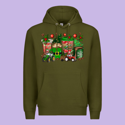Christmas Tractor Coffee Cups Premium Hoodie Designed By Texasbilliewilder