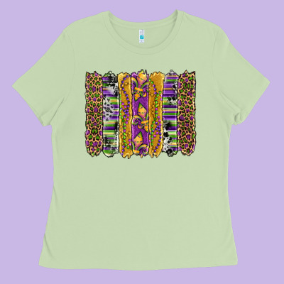 Mardi Gras Fleur De Lis Cowhide Serape Leopard Glitter Brushstrokes Ladies Tee Designed By Artiststas