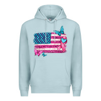 Blue Mist American flag breast cancer with ribbon Premium Hoodie - texasbilliewilder