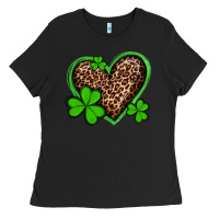 St Patricks Day Leopard Heart With Shamrocks Ladies Tee | Teevron