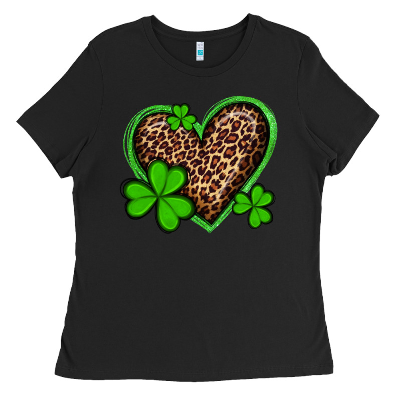 St Patricks Day Leopard Heart With Shamrocks Ladies Tee by Artiststas | Teevron