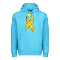 Ocean Blue Childhood Cancer Ribbon with Feather Premium Hoodie - texasbilliewilder