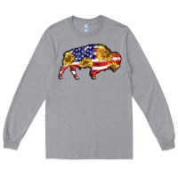 Heather Grey bison amerıcan flag Long Sleeve Tee - BarkalooDesign