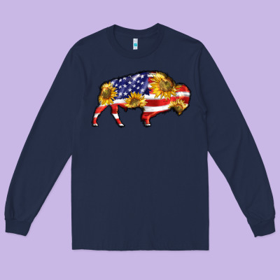 Bison Amerıcan Flag Long Sleeve Tee Designed By Barkaloodesign