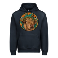 Navy fall highland cow round Urban Hoodie - RanaPortraitStore