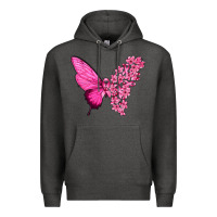 Charcoal Heather Pink Flowers and Breast Cancer Ribbon Butterfly Premium Hoodie - texasbilliewilder