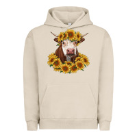 Pigment French Oak hereford cow with sunflowers Urban Hoodie - RanaPortraitStore