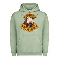 Pigment Oil Green hereford cow with sunflowers Urban Hoodie - RanaPortraitStore