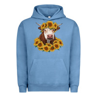 Pigment Pebble Blue hereford cow with sunflowers Urban Hoodie - RanaPortraitStore