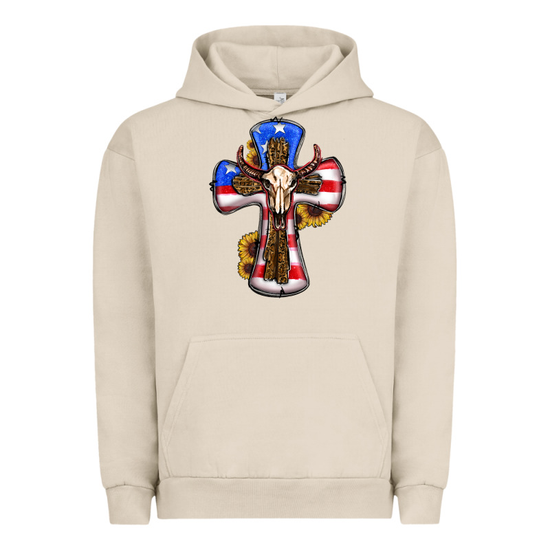 American Flag Cross Cow Skull Sunflowers Urban Hoodie by RanaPortraitStore | Teevron