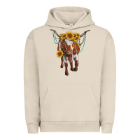 Pigment French Oak longhorn cow with sunflowers Urban Hoodie - RanaPortraitStore