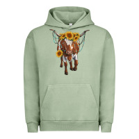 Pigment Oil Green longhorn cow with sunflowers Urban Hoodie - RanaPortraitStore
