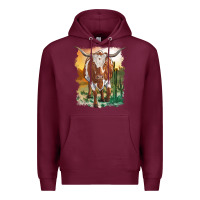 Burgundy longhorn cow with desert background Premium Hoodie - RanaPortraitStore