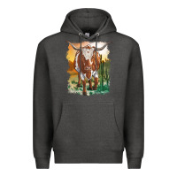 Charcoal Heather longhorn cow with desert background Premium Hoodie - RanaPortraitStore