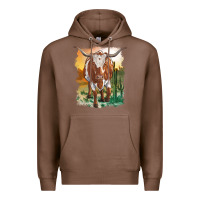 Chestnut longhorn cow with desert background Premium Hoodie - RanaPortraitStore