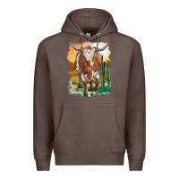 Coffee longhorn cow with desert background Premium Hoodie - RanaPortraitStore