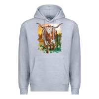 Heather Grey longhorn cow with desert background Premium Hoodie - RanaPortraitStore