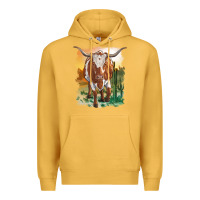 Mustard longhorn cow with desert background Premium Hoodie - RanaPortraitStore