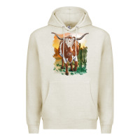 Oatmeal Heather longhorn cow with desert background Premium Hoodie - RanaPortraitStore