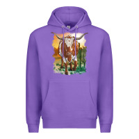 Purple longhorn cow with desert background Premium Hoodie - RanaPortraitStore