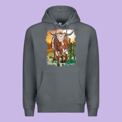 Longhorn Cow With Desert Background Premium Hoodie Designed By Ranaportraitstore