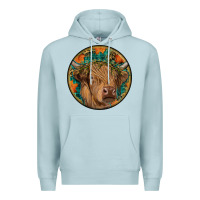 Blue Mist fall highland cow round Premium Hoodie - RanaPortraitStore