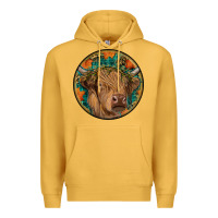 Mustard fall highland cow round Premium Hoodie - RanaPortraitStore