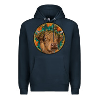 Navy fall highland cow round Premium Hoodie - RanaPortraitStore