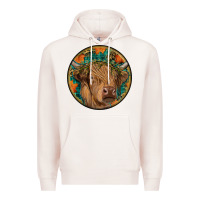 Pale Pink fall highland cow round Premium Hoodie - RanaPortraitStore