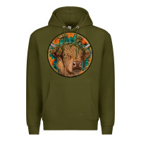 Army Green fall highland cow round Premium Hoodie - RanaPortraitStore