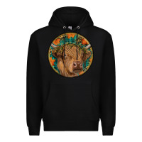 Black fall highland cow round Premium Hoodie - RanaPortraitStore