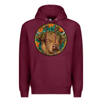 Burgundy fall highland cow round Premium Hoodie - RanaPortraitStore