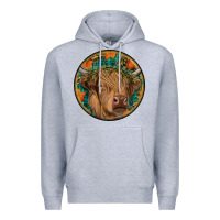 Heather Grey fall highland cow round Premium Hoodie - RanaPortraitStore