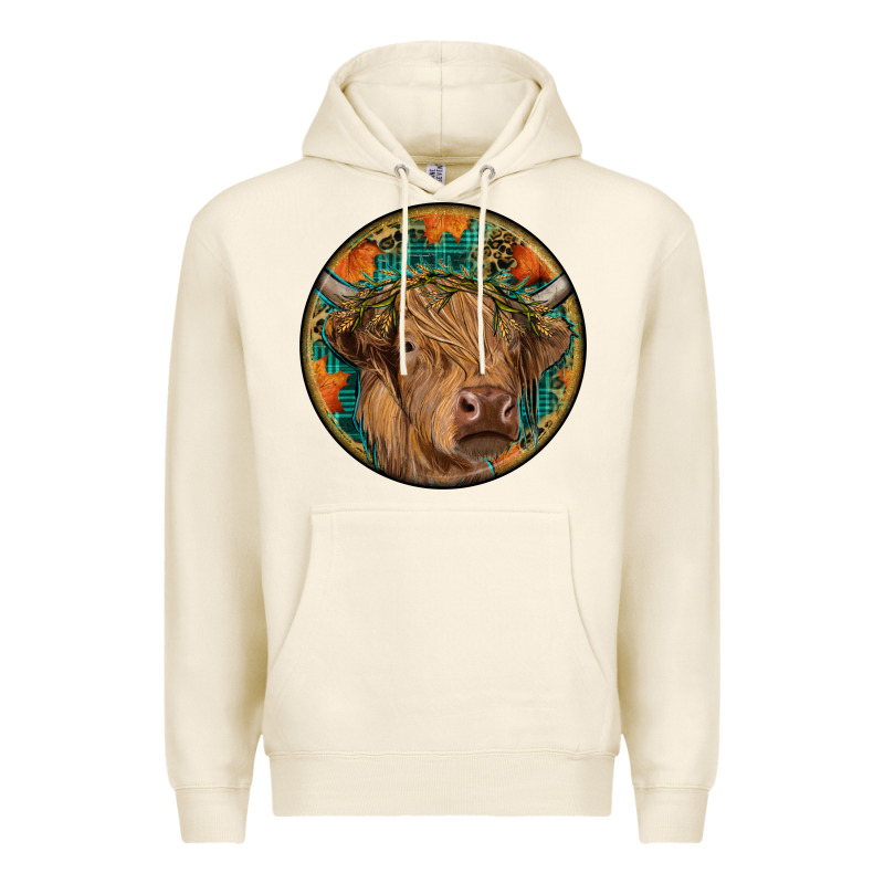 Fall Highland Cow Round Premium Hoodie by RanaPortraitStore | Teevron