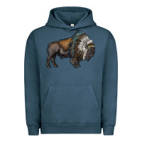 Pigment Midnight Navy bison with indian headdress Urban Hoodie - RanaPortraitStore