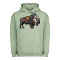 Pigment Oil Green bison with indian headdress Urban Hoodie - RanaPortraitStore